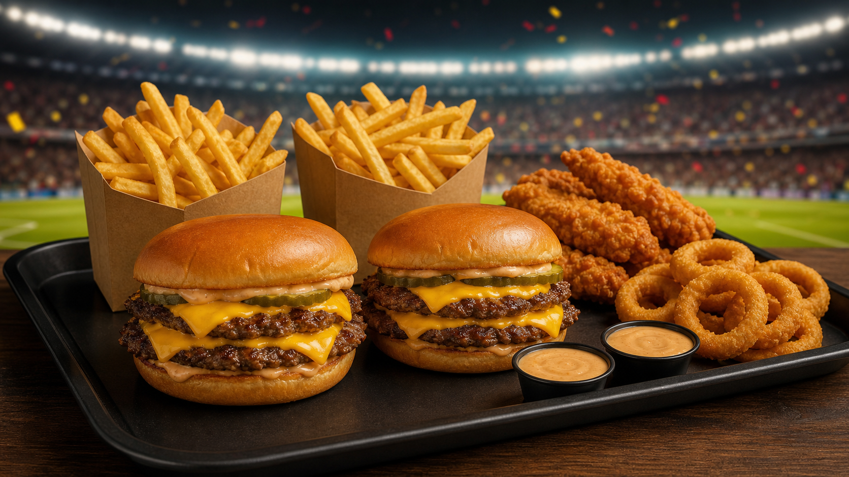 WCUP Combo with burgers, fries, chicken fingers, onion rings, and sauces